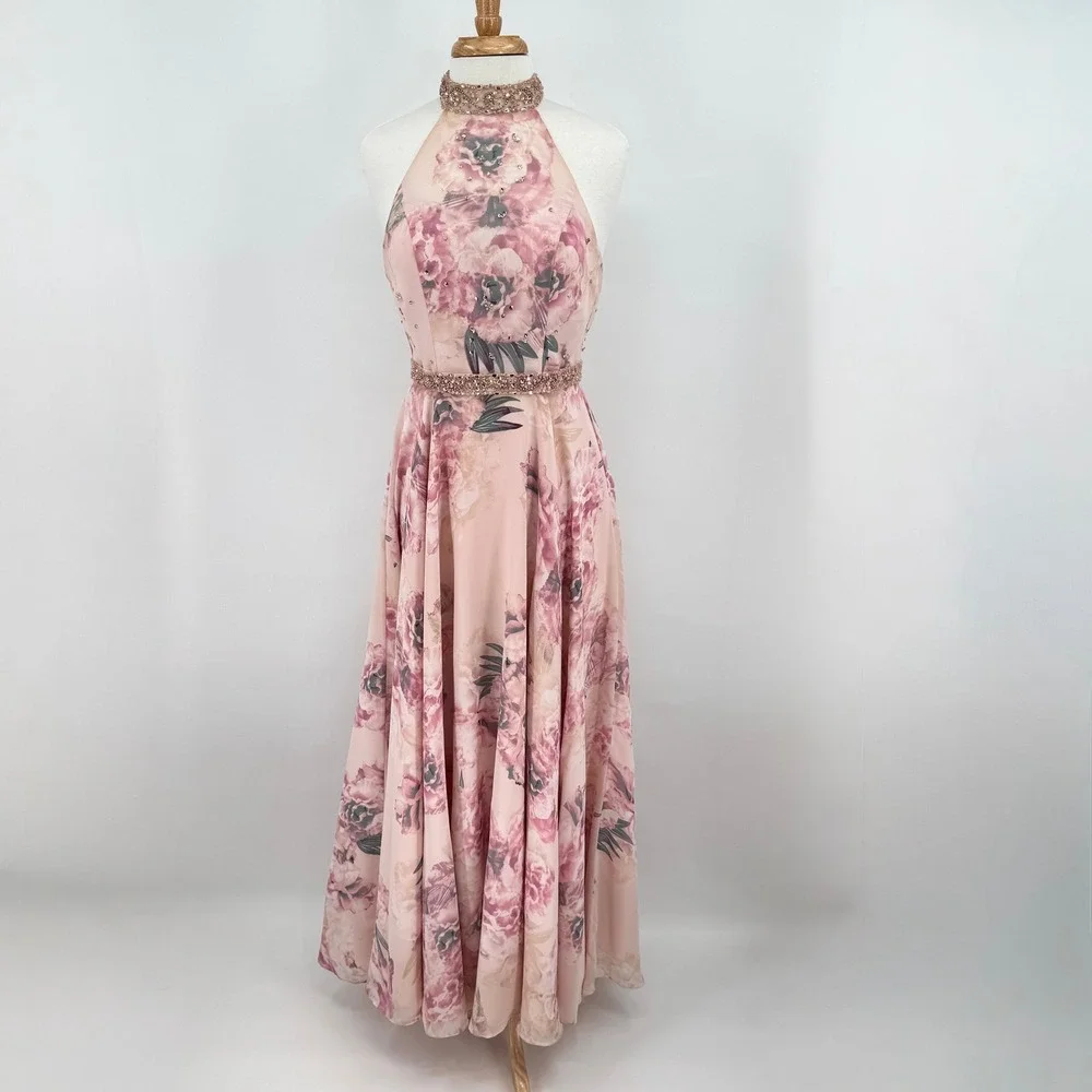 Morilee Prom Dress Pink Floral Beaded Halter Open Back Gown Size 4 99038 - Picture 2 of 16